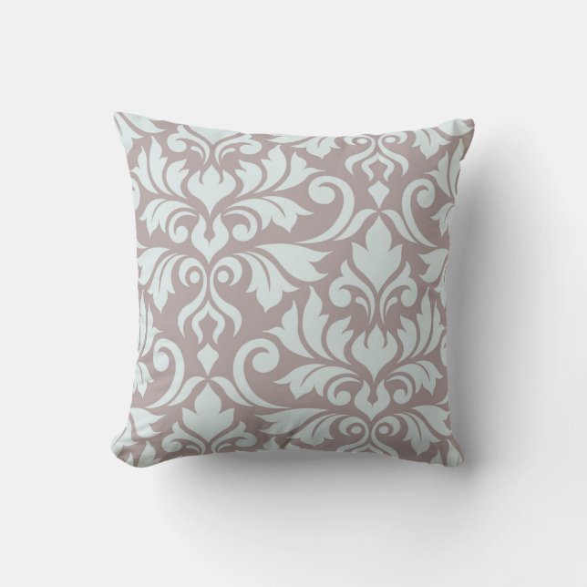 Flourish Damask Art I Duck Egg Blue on Taupe Cushion (Front)