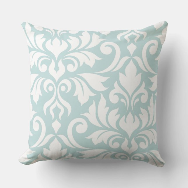 Flourish Damask Art I White on Duck Egg Blue Cushion (Front)