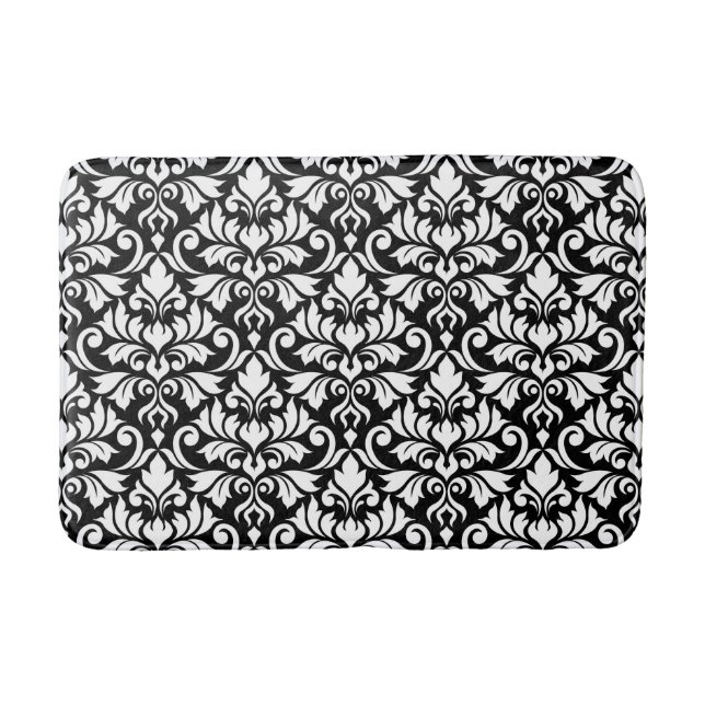 Flourish Damask Big Pattern White on Black Bath Mat (Front)
