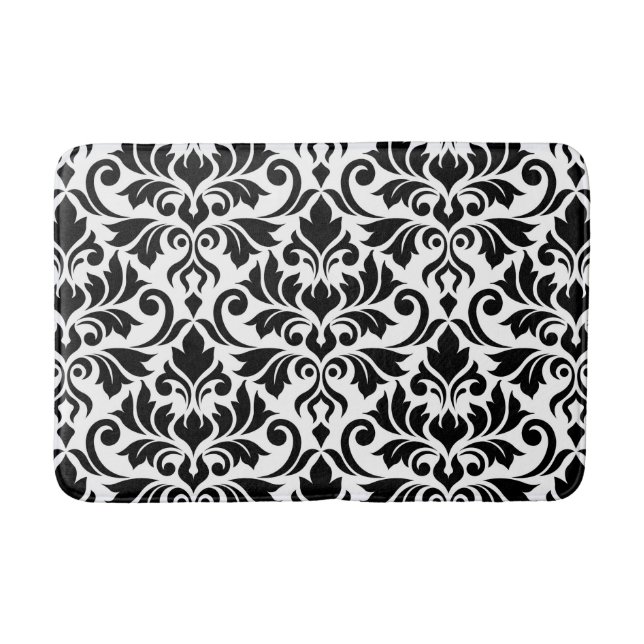 Flourish Damask Lg Pattern Black on White Bath Mat (Front)