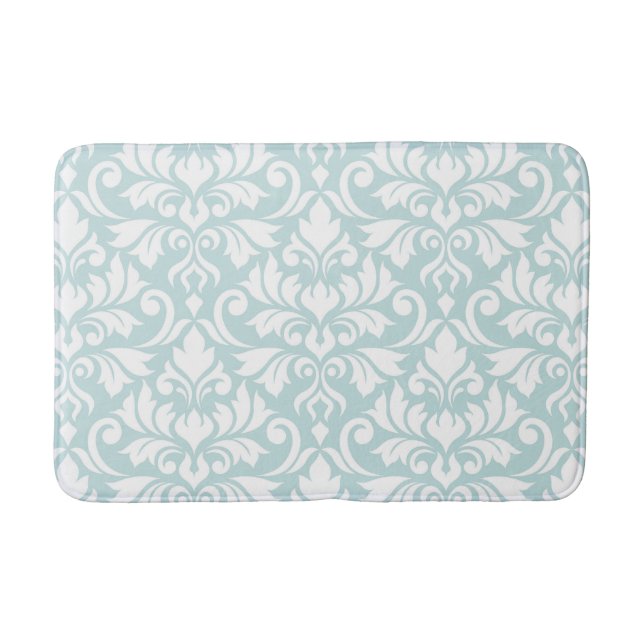 Flourish Damask Lg Pattern White on Duck Egg Blue Bath Mat (Front)