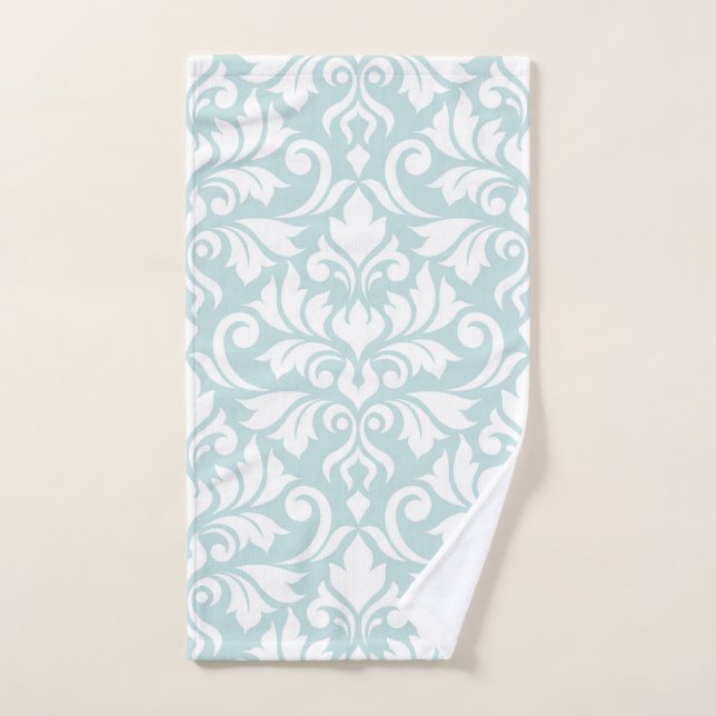Flourish Damask Lg Pattern White on Duck Egg Blue Hand Towel (Hand Towel)