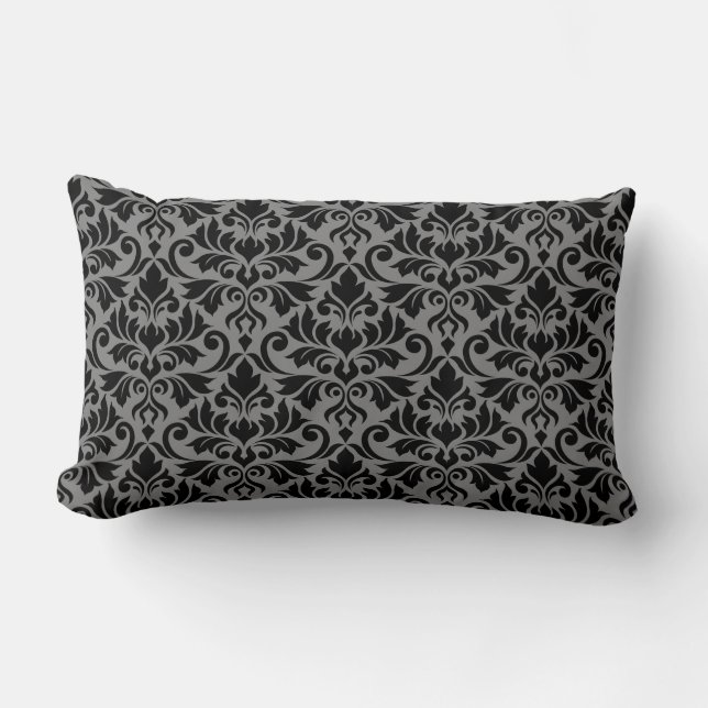 Flourish Damask Pattern Black & Grey Lumbar Cushion (Front)