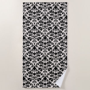 Flourish Damask Pattern Black on Cream Beach Towel