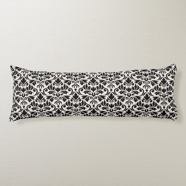 Flourish Damask Pattern Black on Cream Body Cushion (Front)