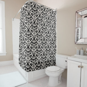 Flourish Damask Pattern Black on Cream Shower Curtain