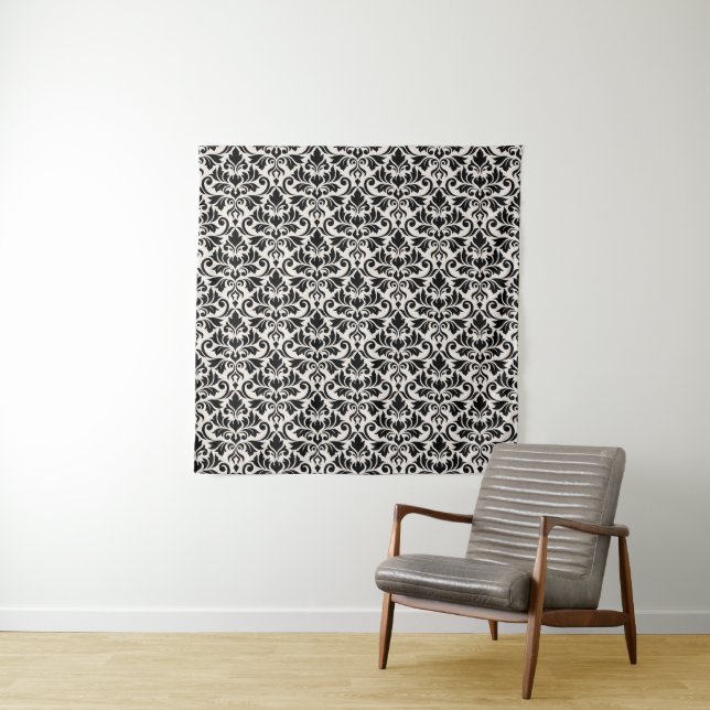 Flourish Damask Pattern Black on Cream Tapestry (In Situ)