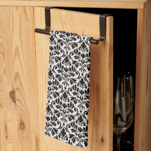 Flourish Damask Pattern Black on Cream Tea Towel