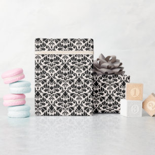 Flourish Damask Pattern Black on Cream Wrapping Paper