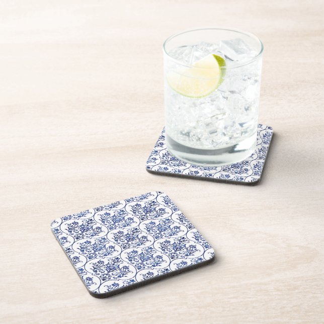 Flourish Damask Pattern - blue Coaster (Right Side)