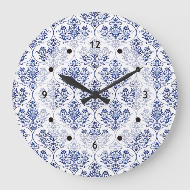 Flourish Damask Pattern - blue Large Clock (Front)