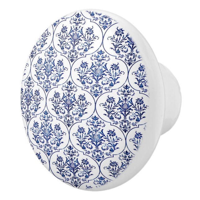Flourish Damask Pattern - blue + your idea Ceramic Knob (Right)