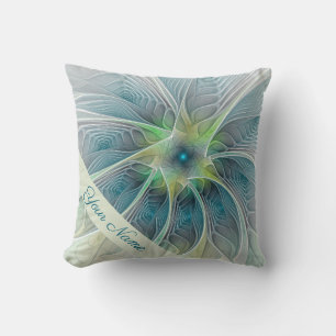 Flourish Fantasy Modern Art Blue Green Flower Name Cushion