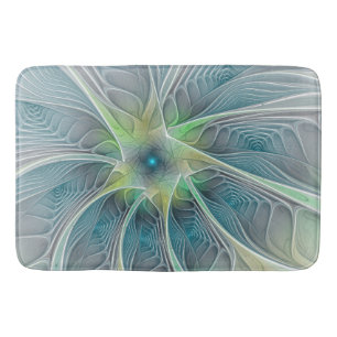 Flourish Fantasy Modern Blue Green Fractal Flower Bath Mat