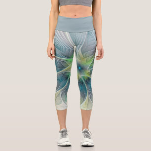 Flourish Fantasy Modern Blue Green Fractal Flower Capri Leggings