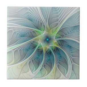 Flourish Fantasy Modern Blue Green Fractal Flower Ceramic Tile