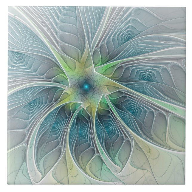 Flourish Fantasy Modern Blue Green Fractal Flower Ceramic Tile (Front)