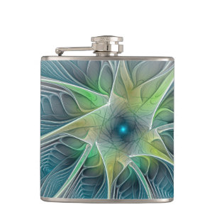 Flourish Fantasy Modern Blue Green Fractal Flower Hip Flask