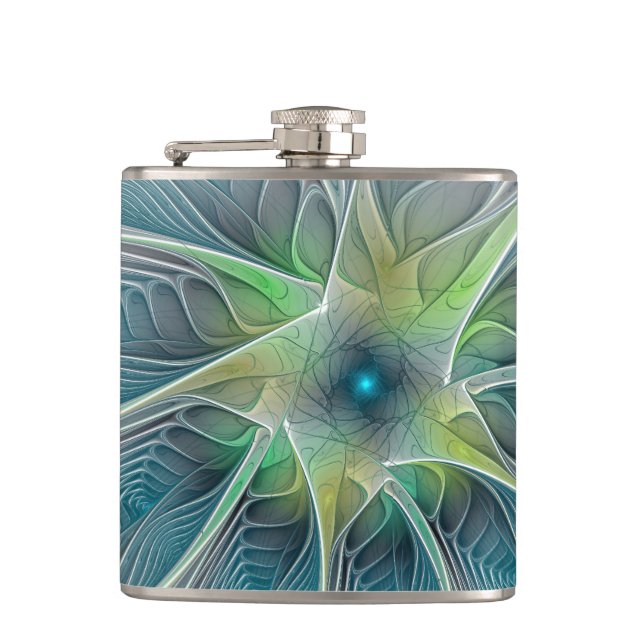 Flourish Fantasy Modern Blue Green Fractal Flower Hip Flask (Front)