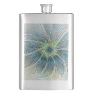 Flourish Fantasy Modern Blue Green Fractal Flower Hip Flask