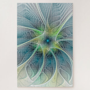 Flourish Fantasy Modern Blue Green Fractal Flower Jigsaw Puzzle