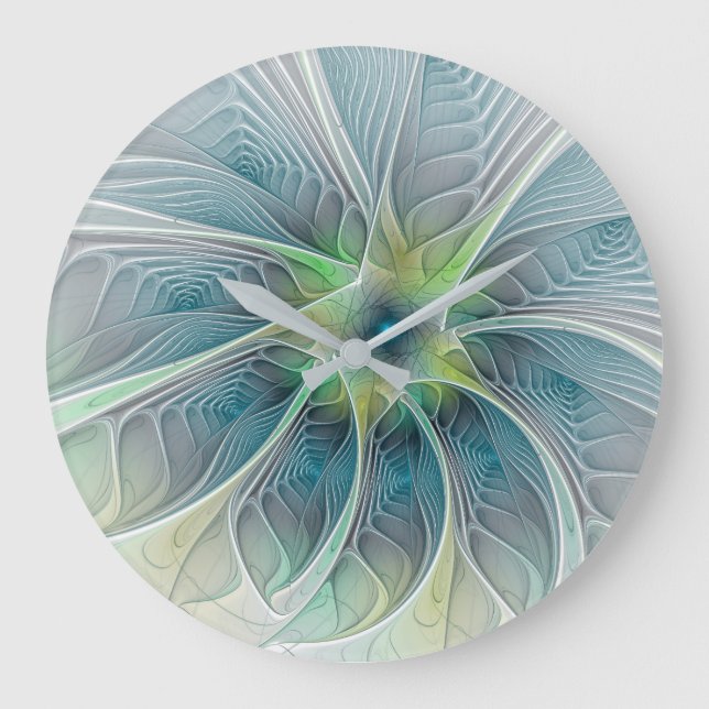 Flourish Fantasy Modern Blue Green Fractal Flower Large Clock (Front)