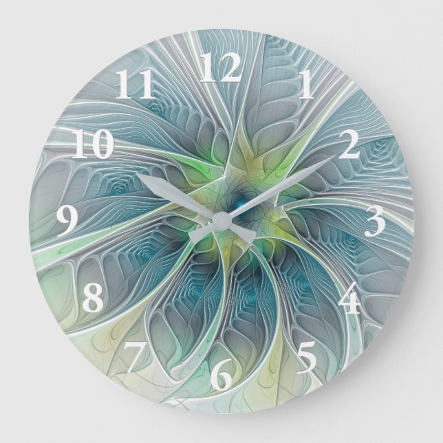 Flourish Fantasy Modern Blue Green Fractal Flower Large Clock (Front)