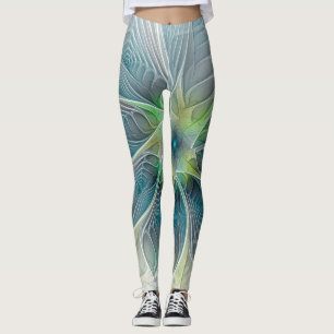 Flourish Fantasy Modern Blue Green Fractal Flower Leggings