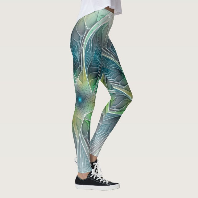 Flourish Fantasy Modern Blue Green Fractal Flower Leggings (Right)