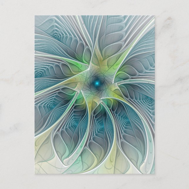 Flourish Fantasy Modern Blue Green Fractal Flower Postcard (Front)