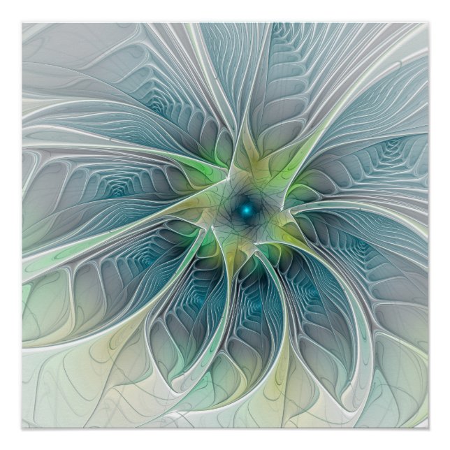 Flourish Fantasy Modern Blue Green Fractal Flower Poster (Front)
