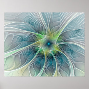 Flourish Fantasy Modern Blue Green Fractal Flower Poster