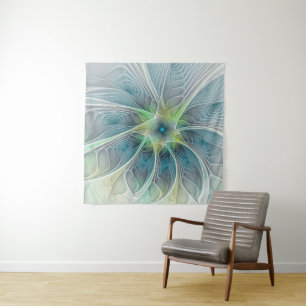 Flourish Fantasy Modern Blue Green Fractal Flower Tapestry