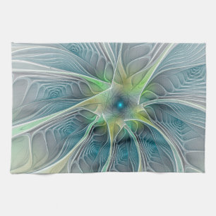 Flourish Fantasy Modern Blue Green Fractal Flower Tea Towel