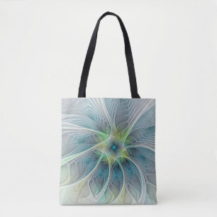 Flourish Fantasy Modern Blue Green Fractal Flower Tote Bag