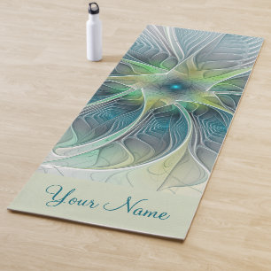 Flourish Fantasy Modern Blue Green Fractal Name Yoga Mat