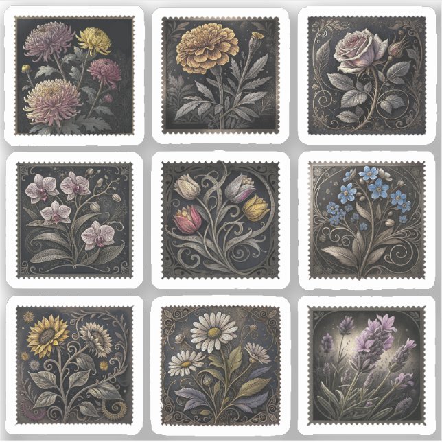 Flourish Flowers Postage Stamps Drawing 9 Sheet (Front)