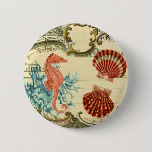 flourish french modern vintage seashell seahorse 6 cm round badge