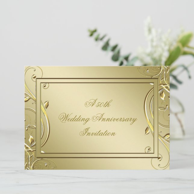 Flourish Gold 50th Wedding Anniversary Invitation (Standing Front)