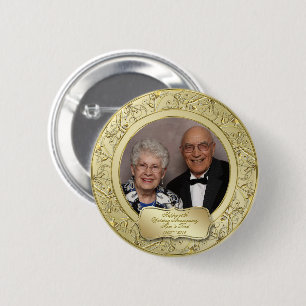 Flourish Gold 50th Wedding Anniversary Photo 6 Cm Round Badge