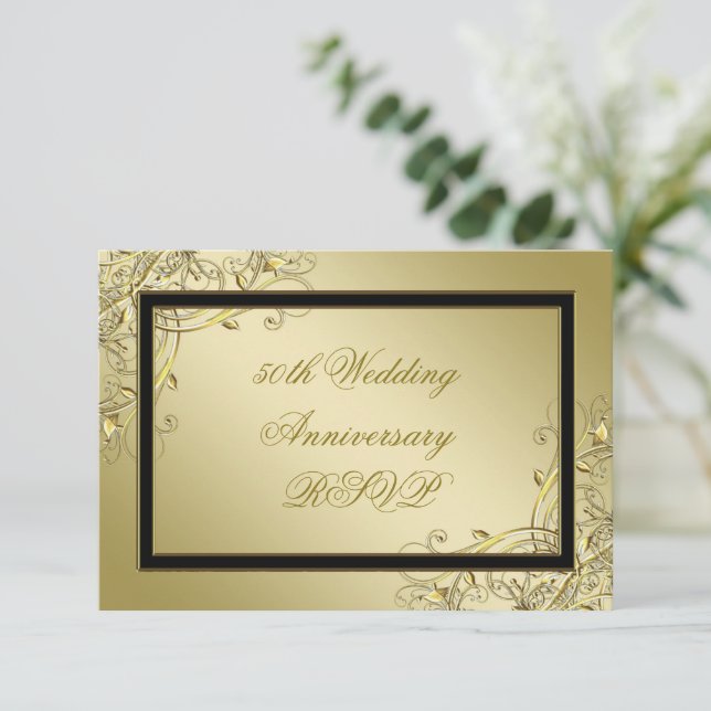 Flourish Gold 50th Wedding Anniversary RSVP Card (Standing Front)
