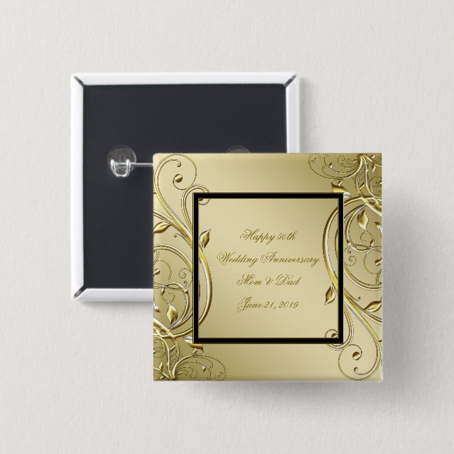 Flourish Gold Black 50th Wedding Anniversary 15 Cm Square Badge (Front & Back)