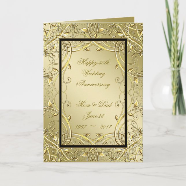 Flourish Gold Black 50th Wedding Anniversary Card (Front)