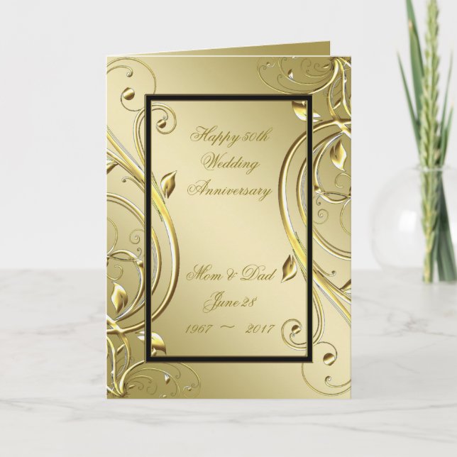 Flourish Gold Black 50th Wedding Anniversary Card (Front)