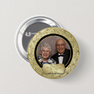 Flourish Gold Black 50th Wedding Anniversary Photo 6 Cm Round Badge