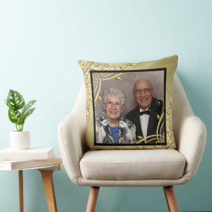 Flourish Gold Black 50th Wedding Anniversary Photo Cushion