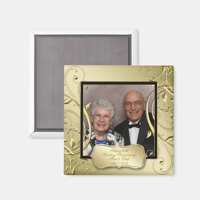 Flourish Gold Black 50th Wedding Anniversary Photo Magnet (Front/Back)