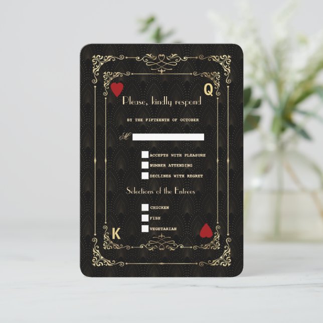 Flourish Gold Black Art Deco Vegas Poker Wedding RSVP Card (Standing Front)