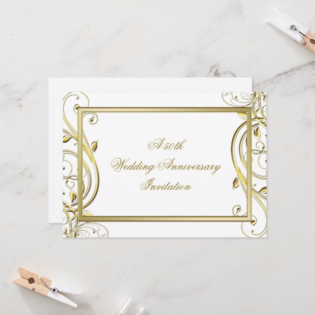 Flourish Gold White 50th Wedding Anniversary Invitation (Front/Back In Situ)