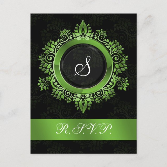 flourish green monogram elegant wedding RSVP Invitation Postcard (Front)